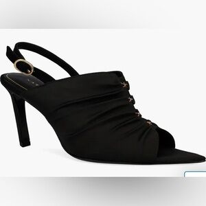 Natori Black Satin Gold Accented Sling Back Heels Size 7.5